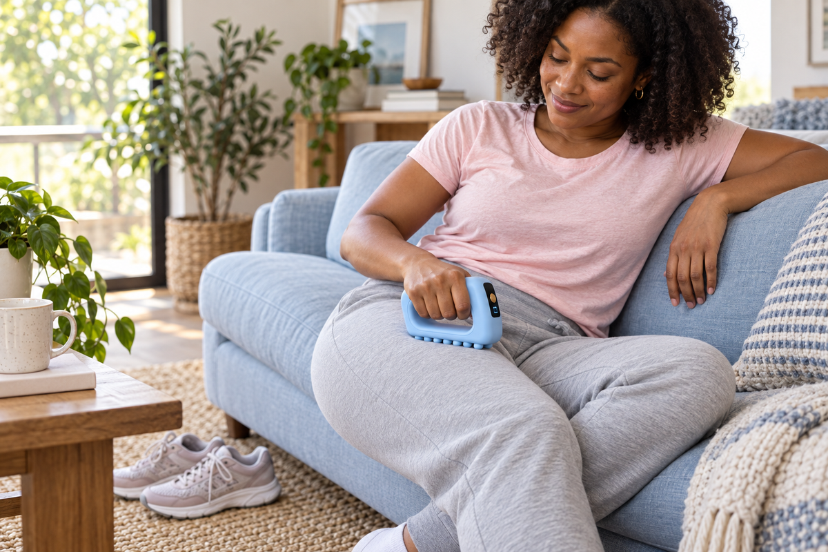 Woman enjoying handheld vibration massage at the thigh