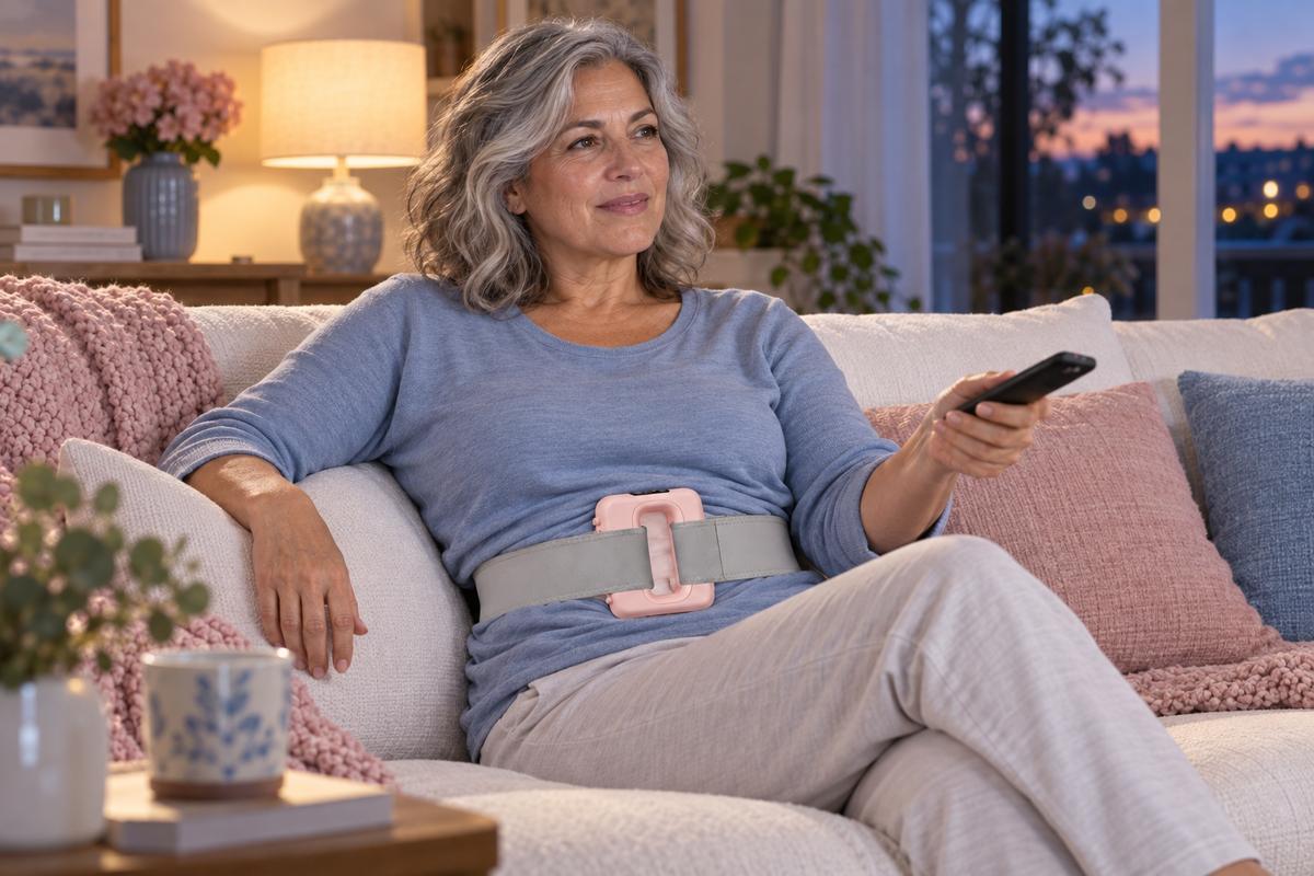 Adult woman wearing BodyPulse while watching television
